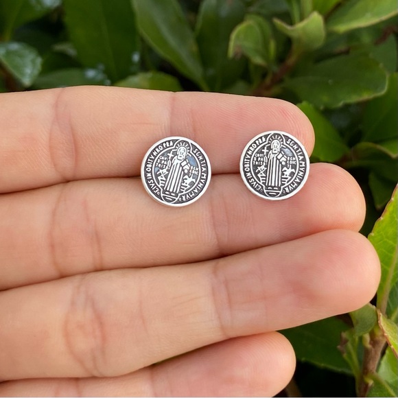 925 Sterling Silver  Saint Benedict Stud Earrings Small Catholic Earrings - Picture 6 of 9